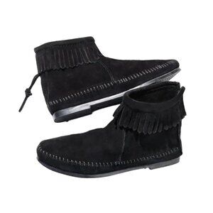 Minnetonka Ankle Fringe Moccasin Boots | Black Suede